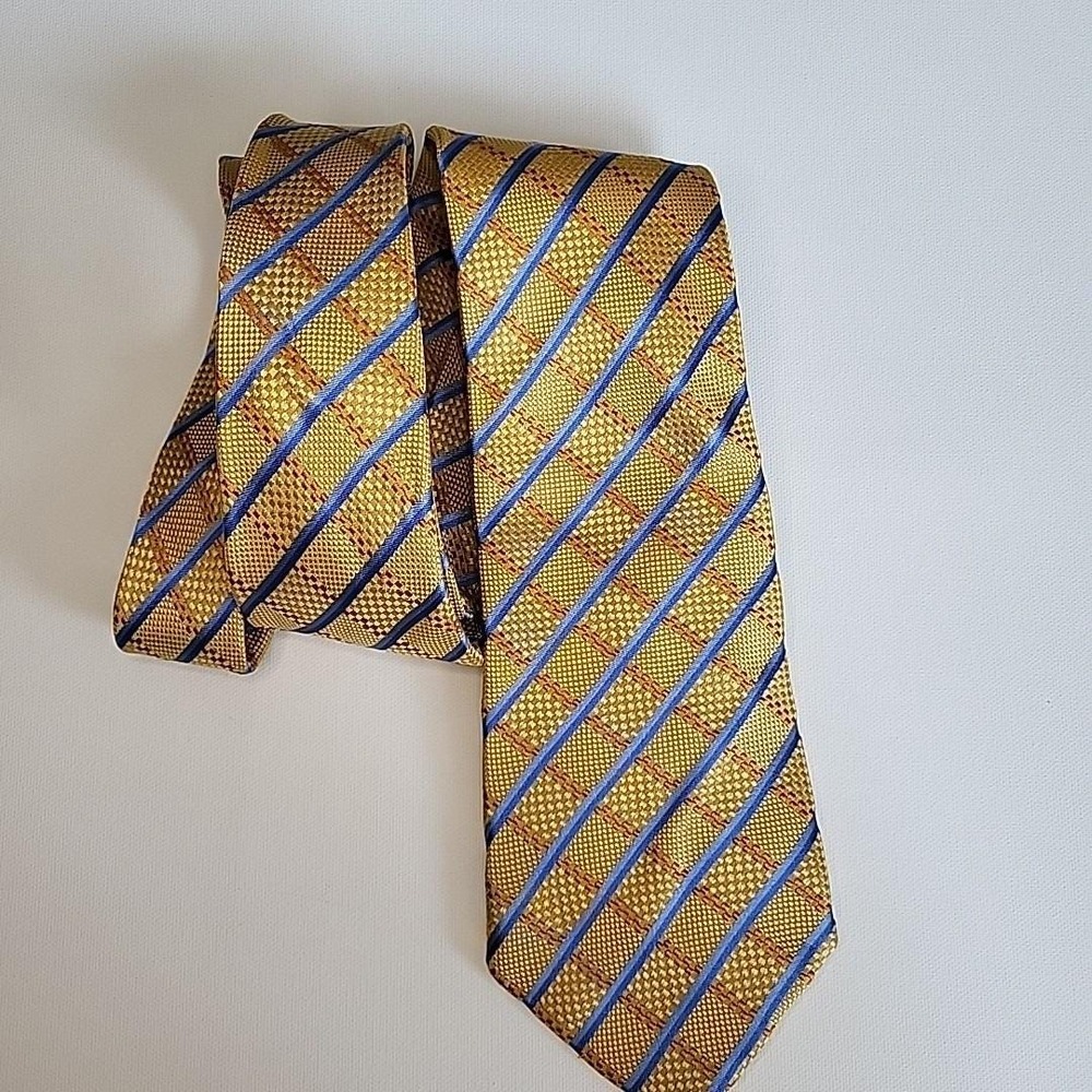 Vintage COUNTESS MARA Men's Gold Blue Stripe Tie Diamonds Basketweave 100%‎ Silk